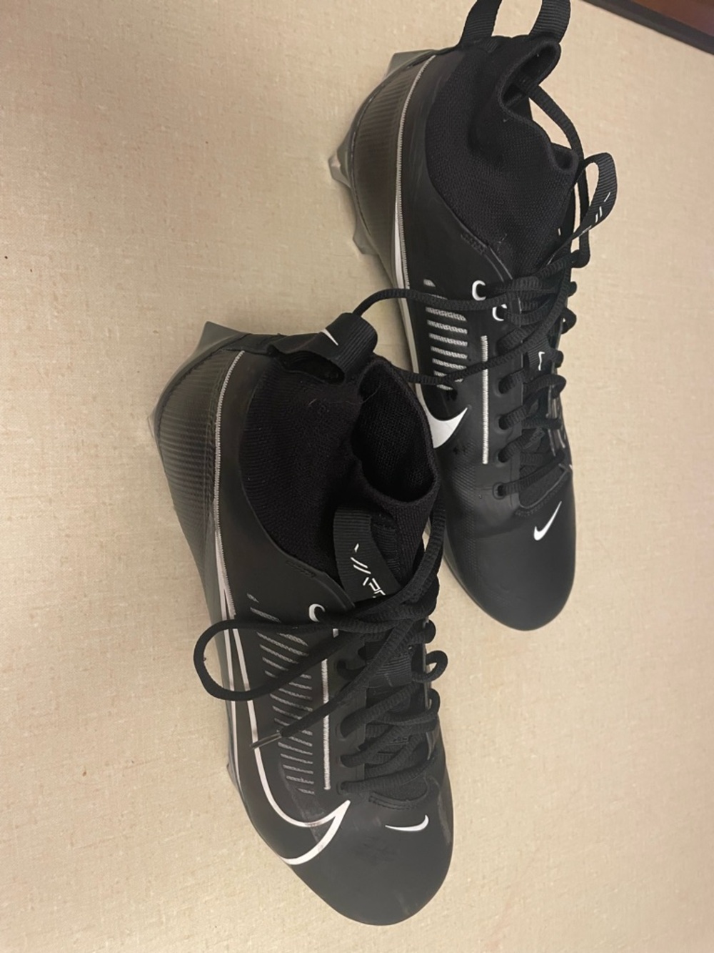 Vapor Nike Black White Football Cleats with White Swoosh Accents